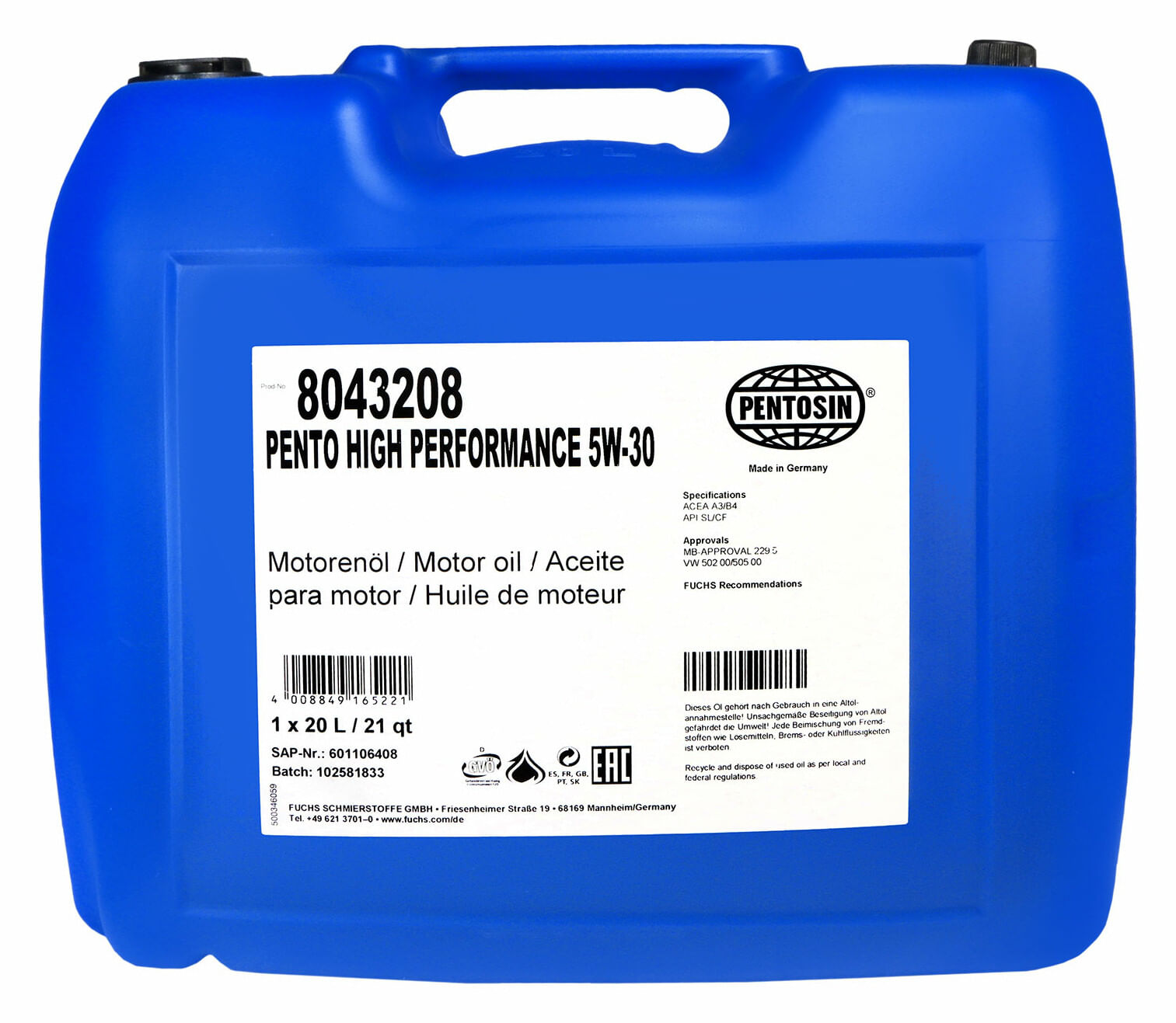Aceite De Motor Sintético High Performance 5W30 20 Litros